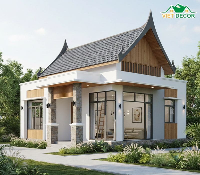 Mẫu nhà cấp 4 gác lửng mái Thái sang trọng