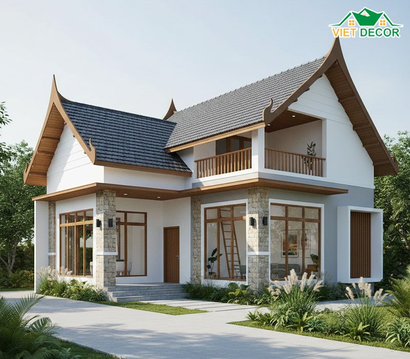 Mẫu nhà cấp 4 gác lửng mái Thái sang trọng
