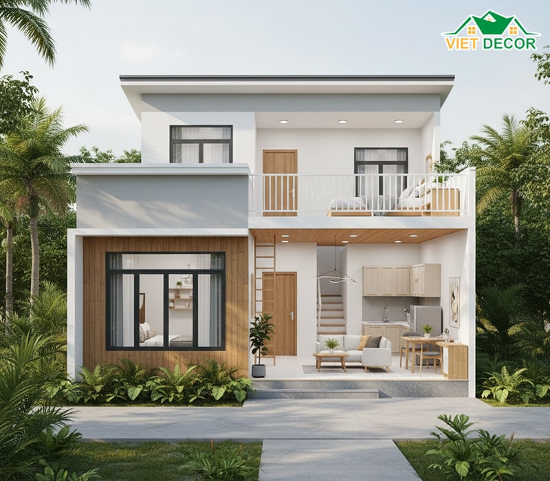 Mẫu nhà cấp 4 có gác lửng 3 phòng ngủ tiện nghi