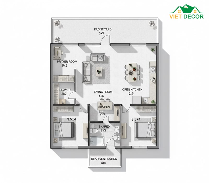 Mặt bằng nhà cấp 4 mái tôn 5x20 2 phòng ngủ + 1 phòng thờ