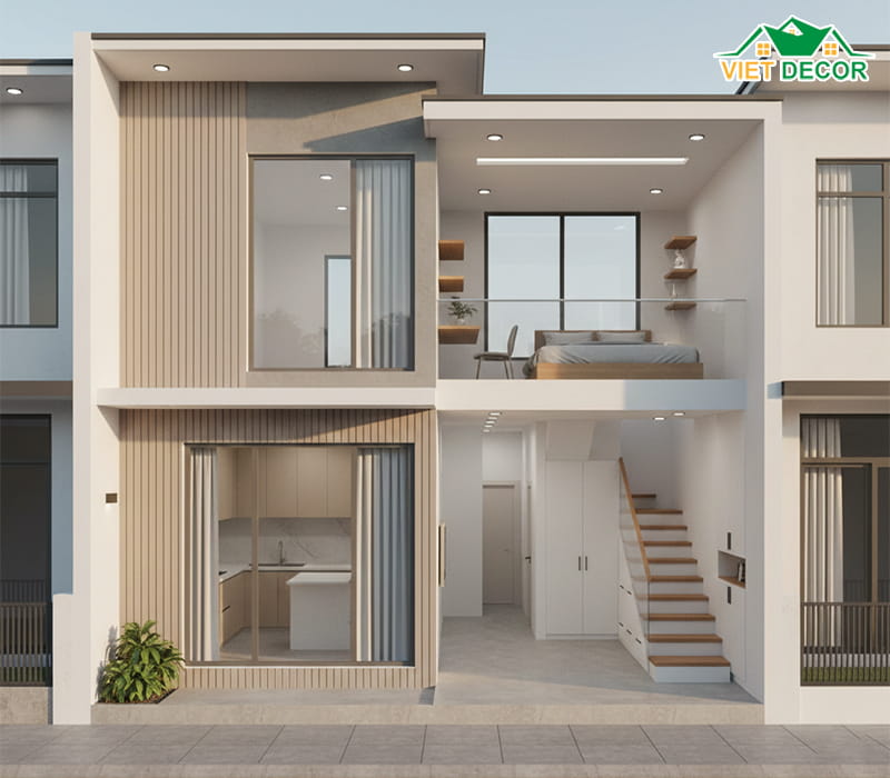 Mẫu nhà gác lửng 5x15 mái bằng phong cách Minimalist (Tối giản)