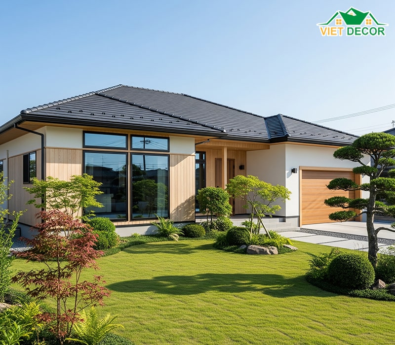 Mẫu nhà cấp 4 mái Nhật 100m2 có gara và sân vườn
