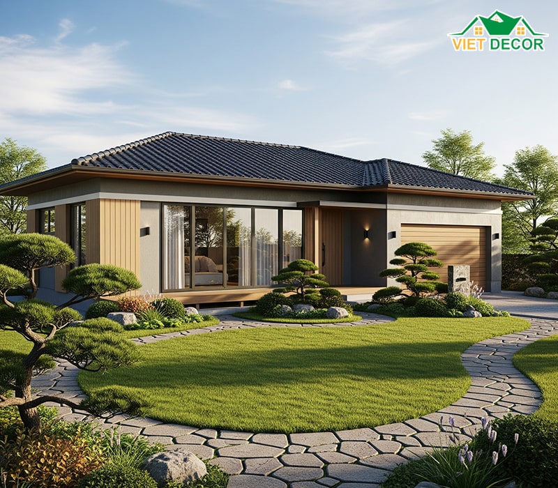 Mẫu nhà cấp 4 mái Nhật 100m2 có gara và sân vườn