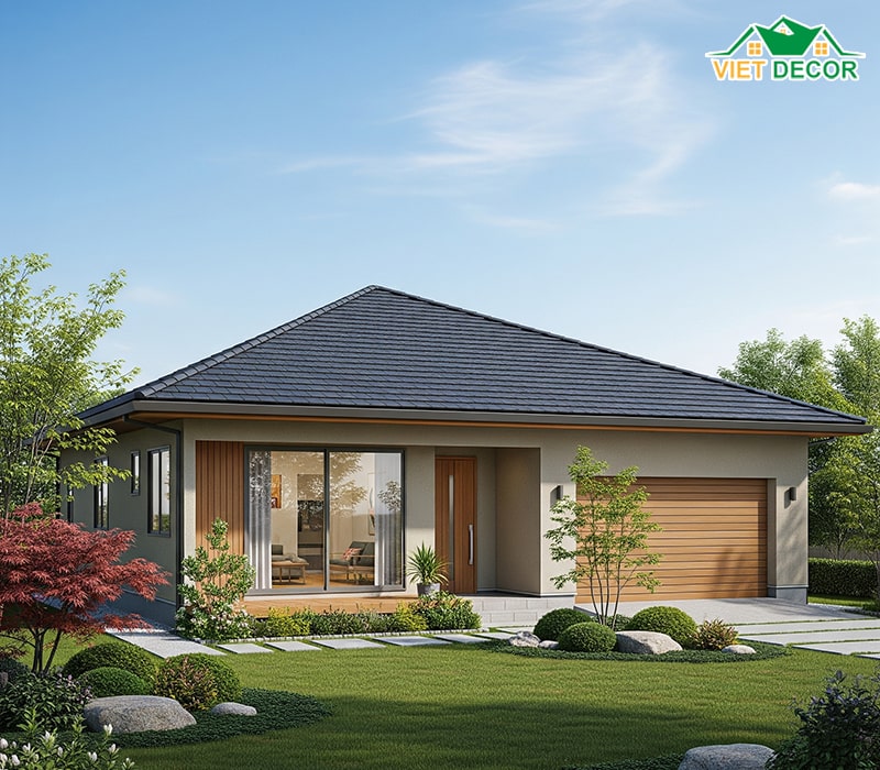 Mẫu nhà cấp 4 mái Nhật 100m2 có gara và sân vườn
