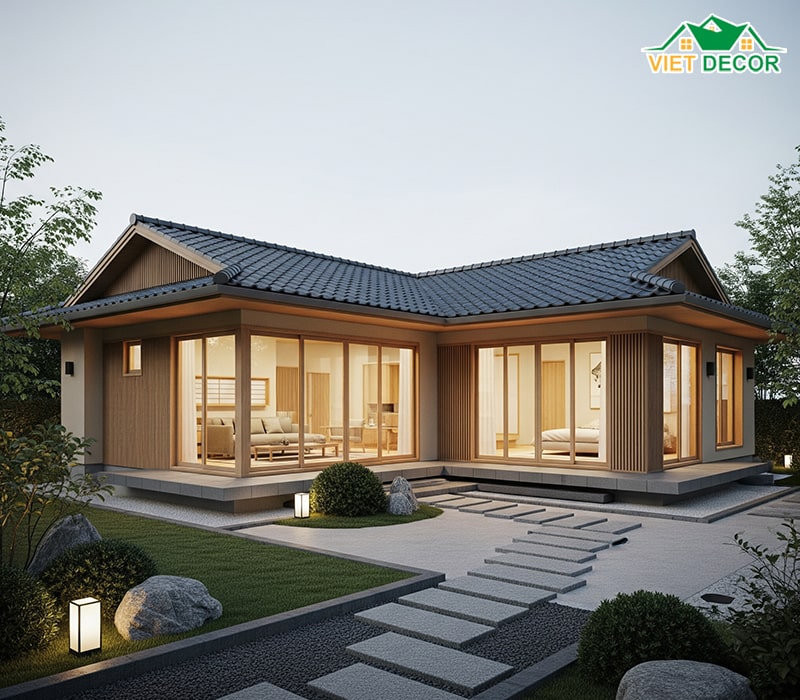 Mẫu nhà cấp 4 mái Nhật 100m2 kiểu chữ L tối ưu không gian
