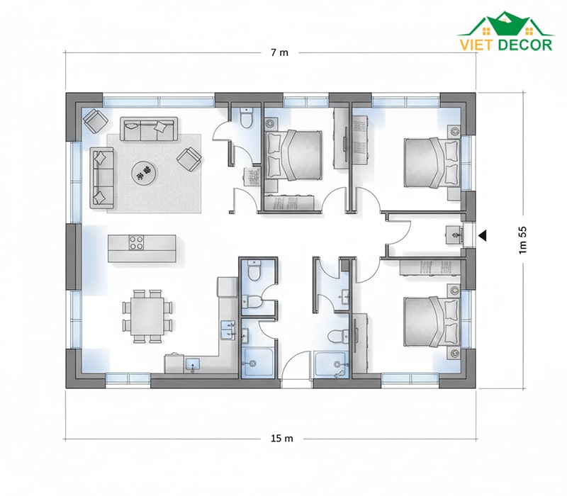 Phương án 1: Bố trí 3 phòng ngủ + 1 phòng thờ + 2 WC