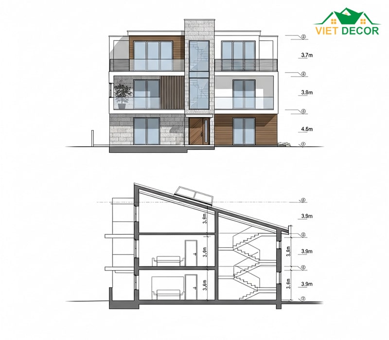 Bản vẽ mặt đứng, mặt cắt của ngôi nhà