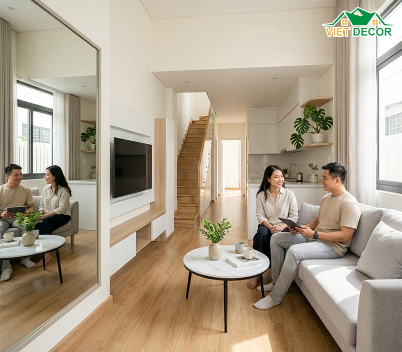 Sử dụng gam màu sáng và gương tạo cảm giác rộng rãi