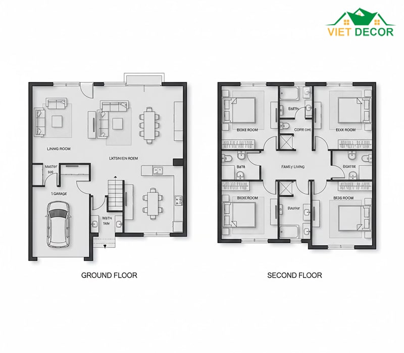 Phương án 2: Diện tích 10x15m (Nhà có chiều sâu)