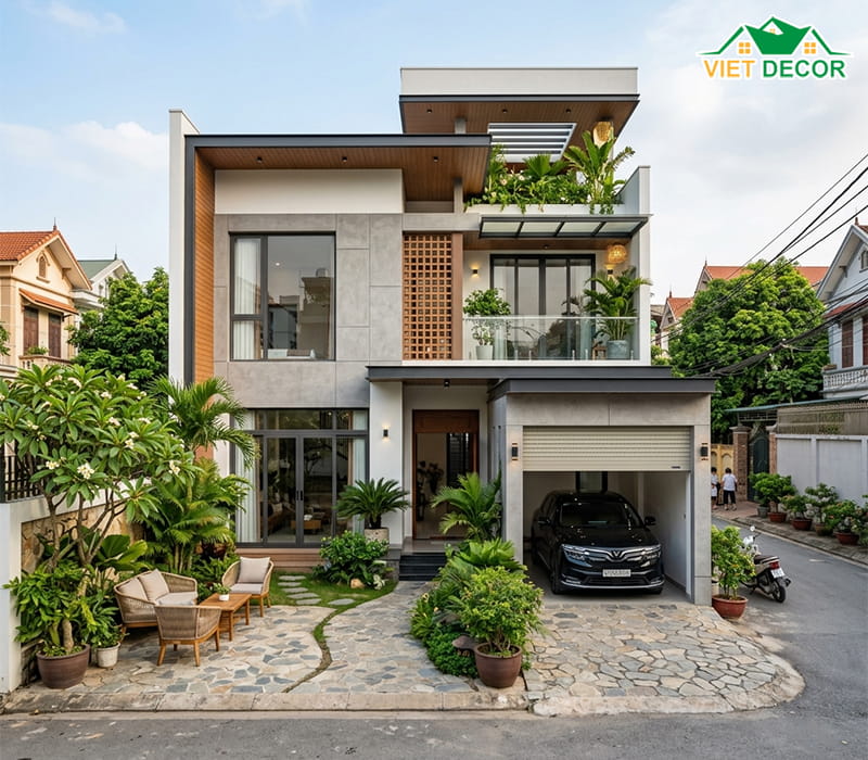 Mẫu nhà 2 tầng 12x8m có sân vườn nhỏ hoặc gara