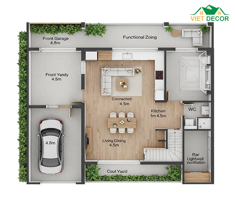 Công năng tầng 1: Gara (hoặc sân trước), phòng khách, bếp ăn, 1 WC, sân sau