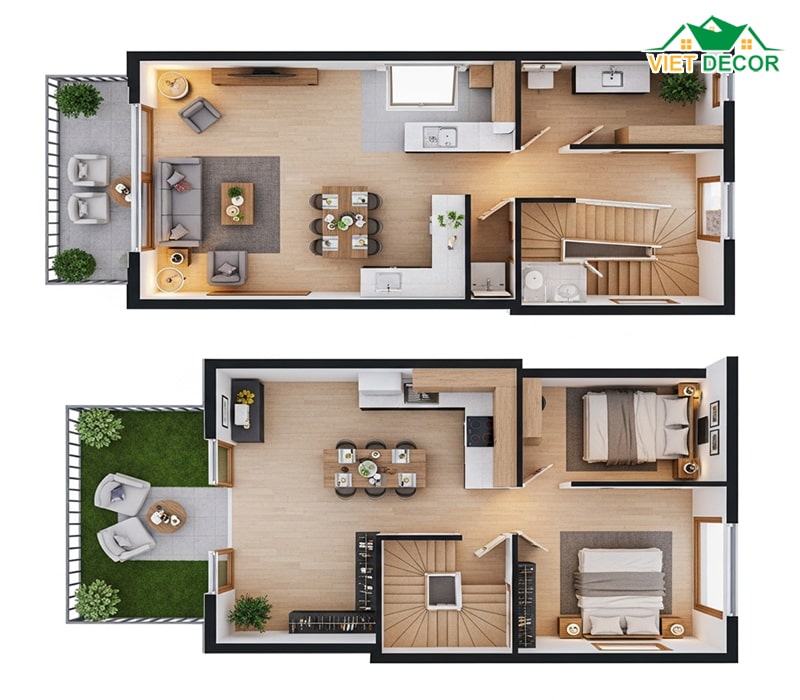 Tầng trệt: Phòng khách, bếp, 1 phòng ngủ, WC