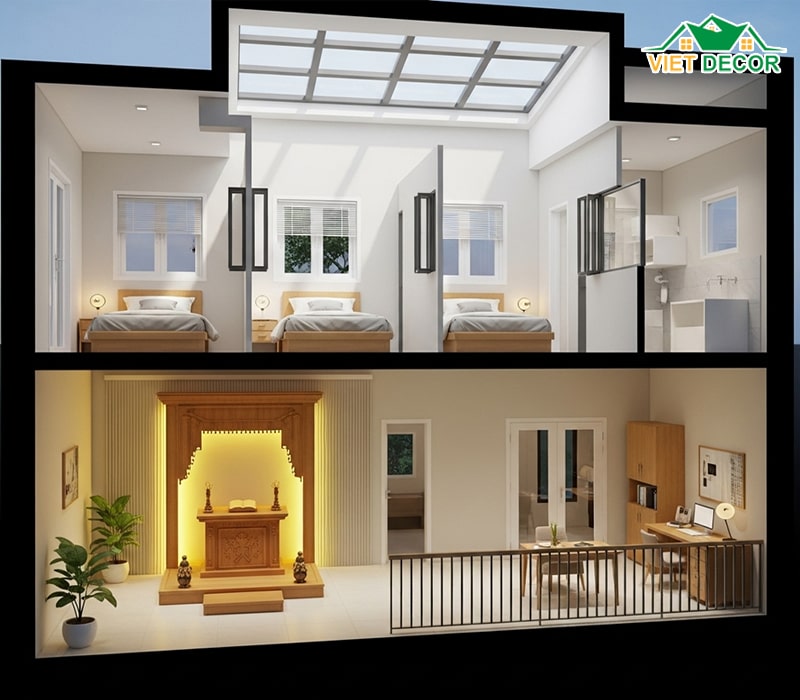 Tầng lửng: 1-2 phòng ngủ, phòng thờ hoặc khu làm việc