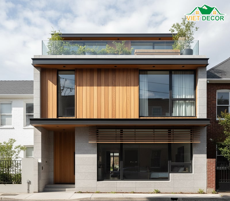 Mẫu nhà 4x15m mái bằng, mái nhỏ đua, lam chắn nắng