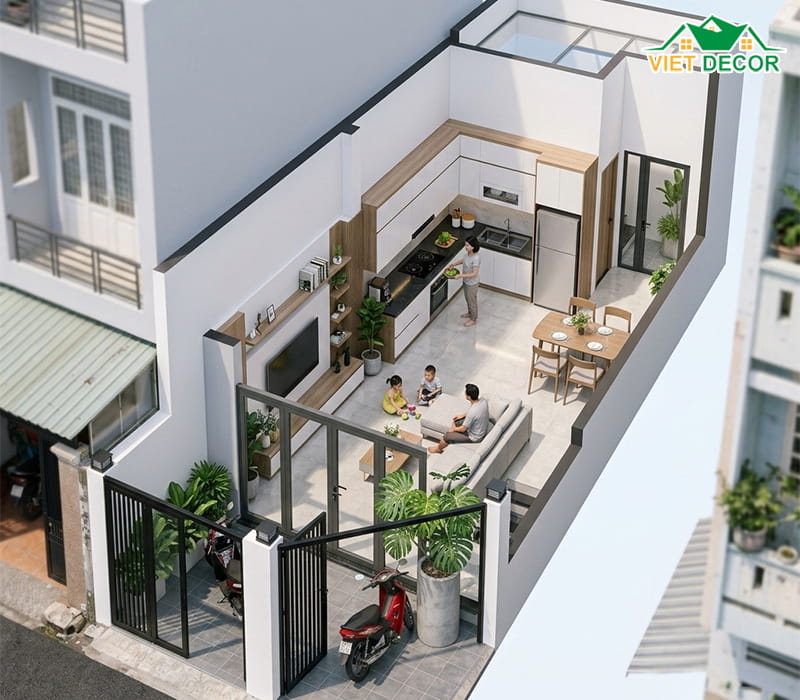 Tầng 1: Không gian sinh hoạt chung và khu vực để xe