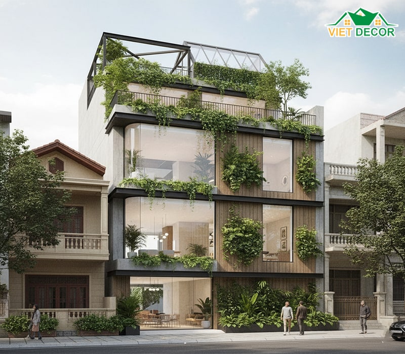 Nhà ống 3 tầng gác lửng phong cách xanh
