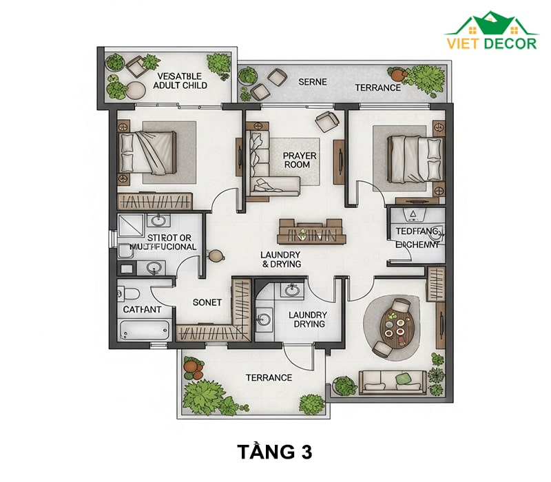 Bản vẽ mặt bằng công năng tầng 3