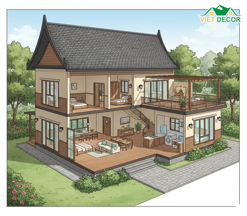 Bản vẽ mặt bằng công năng 5 phòng ngủ (cho gia đình đa thế hệ)