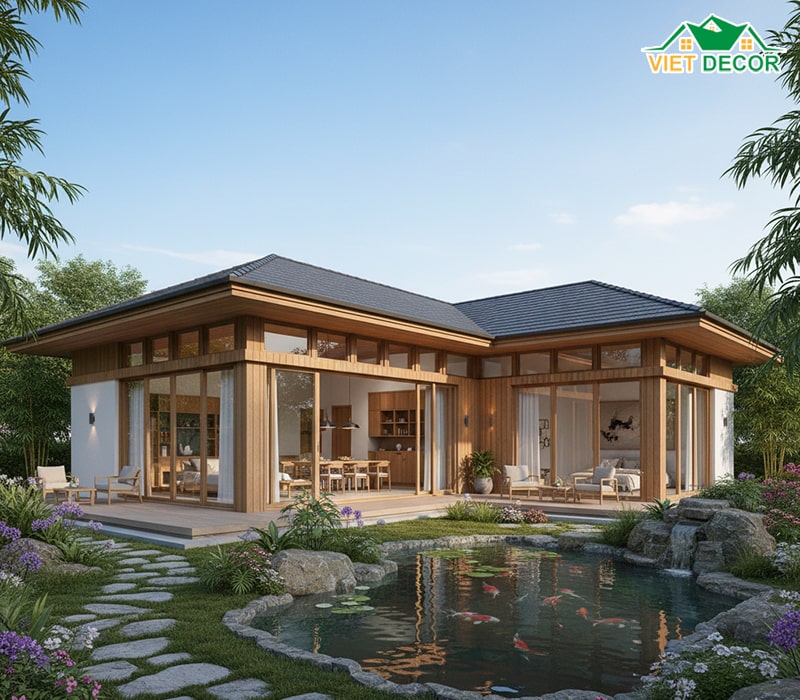 Mẫu nhà vườn 1 tầng 150m2 4 phòng ngủ gần gũi thiên nhiên
