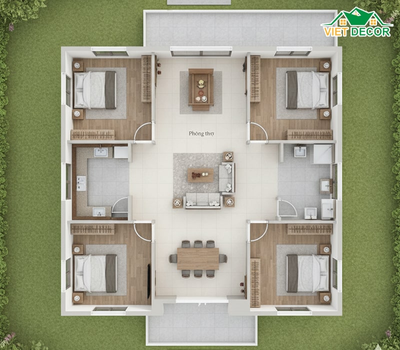 Mặt bằng nhà 1 tầng 150m2 4 phòng ngủ 1 phòng thờ