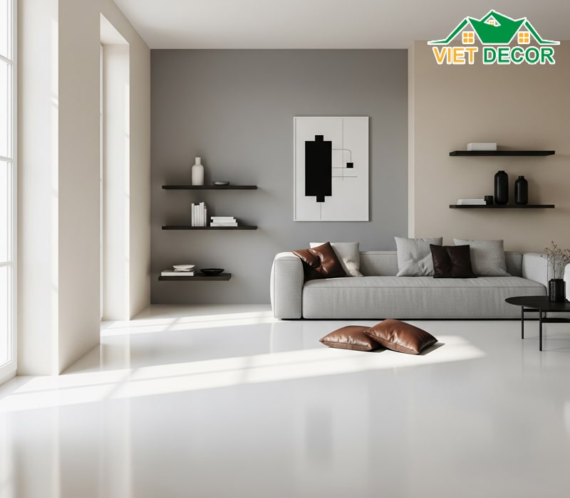Nền nhà màu trắng nên chọn màu sơn tường sáng và trung tính