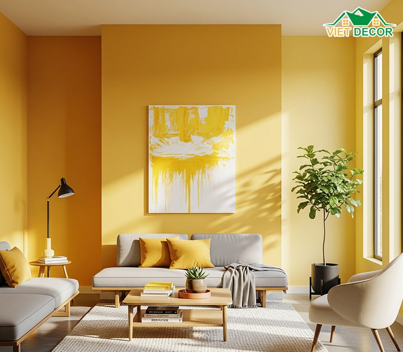 Tường phòng khách màu vàng ấm áp (vàng mật ong, vàng hoàng yến, vàng nhạt)