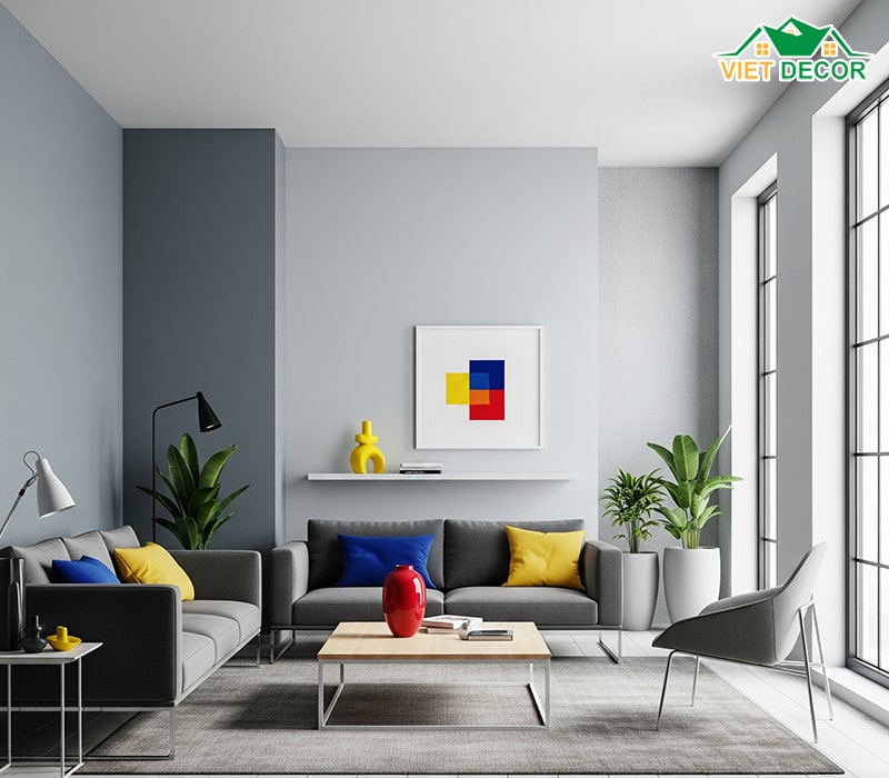 Tường phòng khách màu xám (xám ghi, xám ánh xanh, xám trắng)