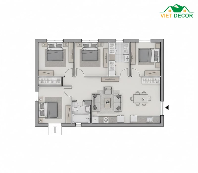 Phương án bố trí 3 phòng ngủ liền kề