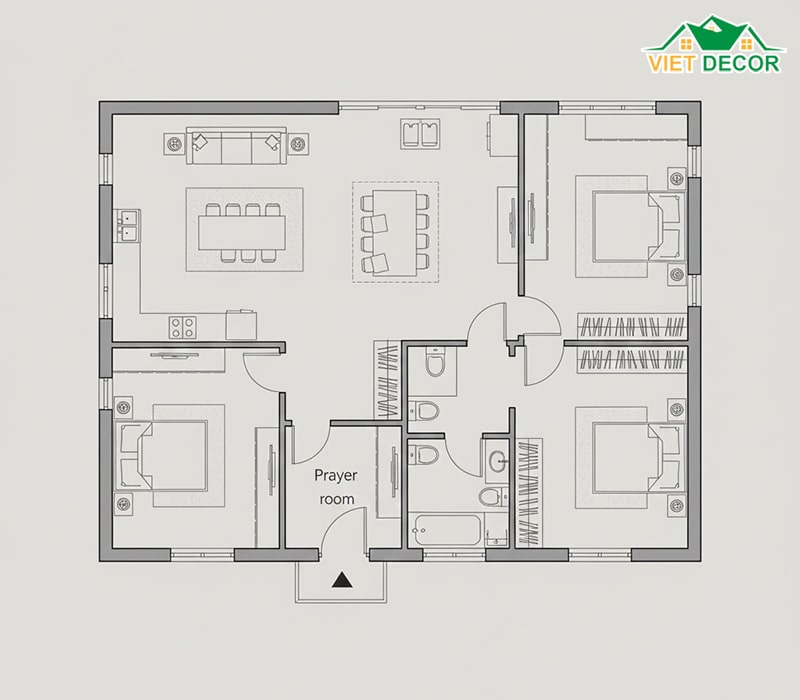 Phương án bố trí phòng khách liền bếp và phòng thờ riêng biệt