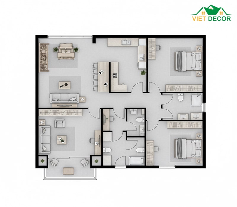 Cách bố trí mặt bằng nhà 1 tầng 3 phòng ngủ 1 phòng thờ