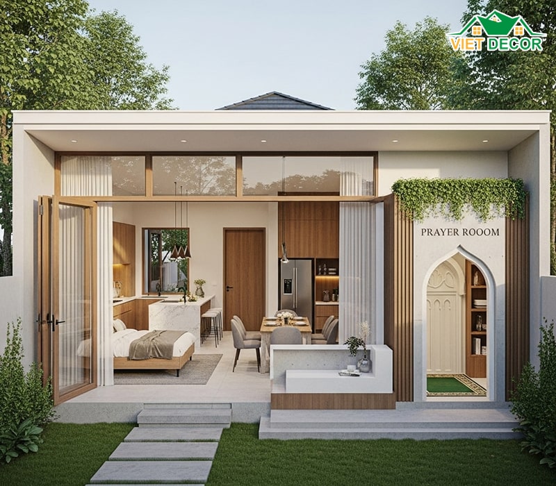 Thiết kế nhà 1 tầng 4 phòng ngủ 1 phòng thờ phong cách hiện đại