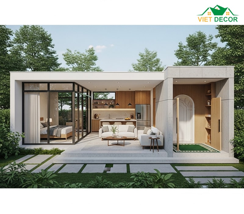 Thiết kế nhà 1 tầng 4 phòng ngủ 1 phòng thờ phong cách hiện đại