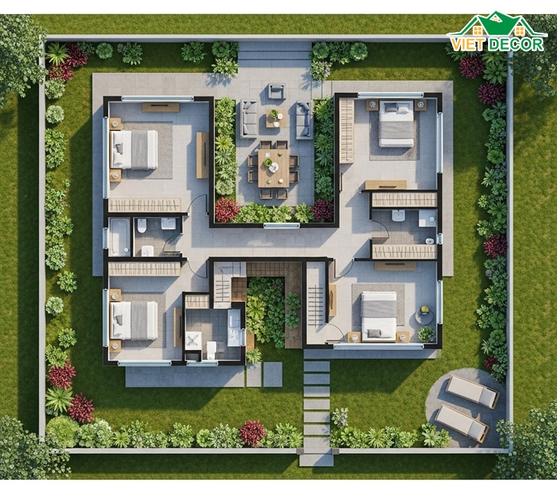 Nhà 1 tầng 4 phòng ngủ hình chữ L tối ưu diện tích đất