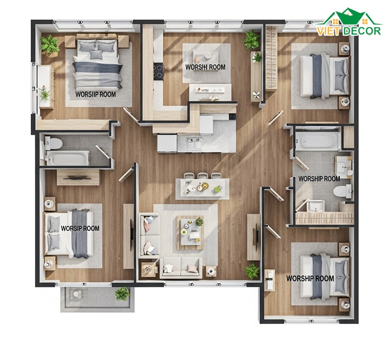 Mặt bằng với phòng khách, bếp ăn liên thông tạo không gian mở