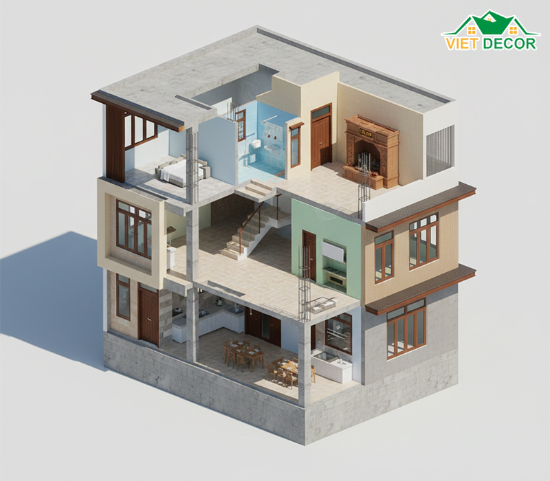 Dự toán chi phí xây dựng nhà 1 trệt 1 lầu 3 phòng ngủ 1 phòng thờ