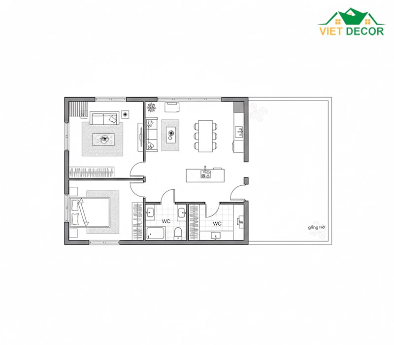 Phương án 2: Phòng khách + Bếp & Phòng ăn + 1 Phòng ngủ (cho người lớn tuổi) + 1 WC