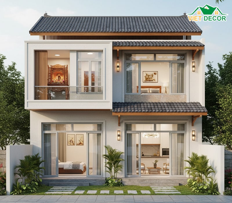 Mẫu nhà 5x15 2 tầng có phòng thờ riêng biệt