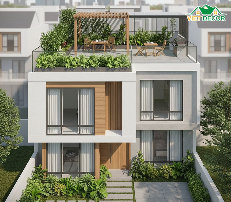 Mẫu nhà 5x15 2 tầng có sân thượng, khu vườn nhỏ