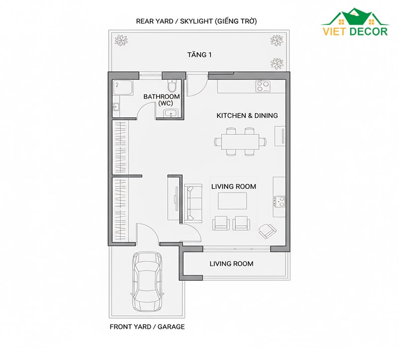Phương án 1: Sân trước/Gara + Phòng khách + Bếp & Phòng ăn + 1 WC + Sân sau/Giếng trời