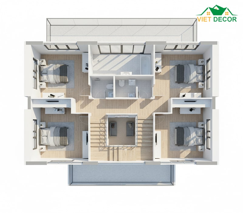 Bản vẽ tham khảo mặt bằng tầng 2 nhà 8x12 4 phòng ngủ