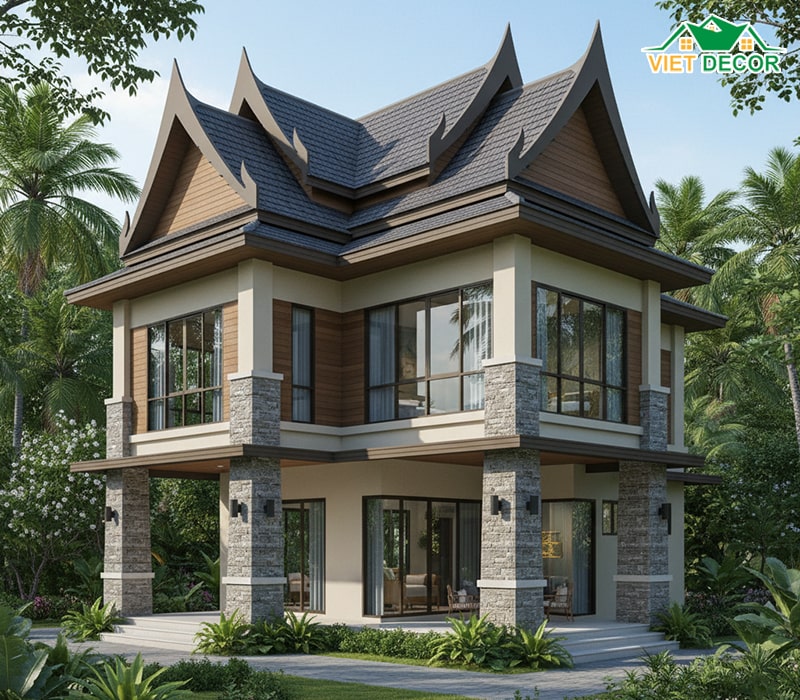 Mẫu nhà 2 tầng 4 phòng ngủ 8x12 mái Thái