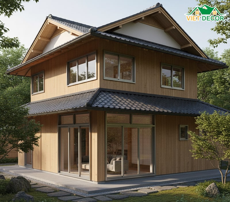 Mẫu nhà 2 tầng 4 phòng ngủ 8x12 mái Nhật