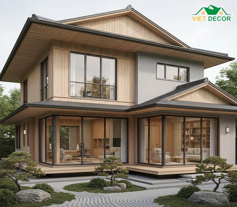 Mẫu nhà 2 tầng 4 phòng ngủ 8x12 mái Nhật