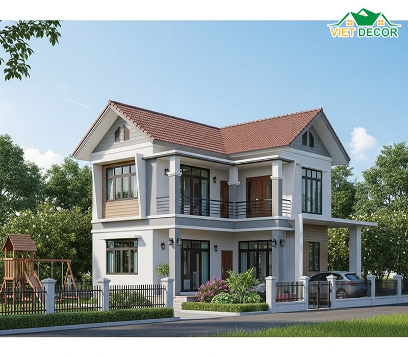 Hình ảnh mẫu nhà 2 tầng 4 phòng ngủ chữ L