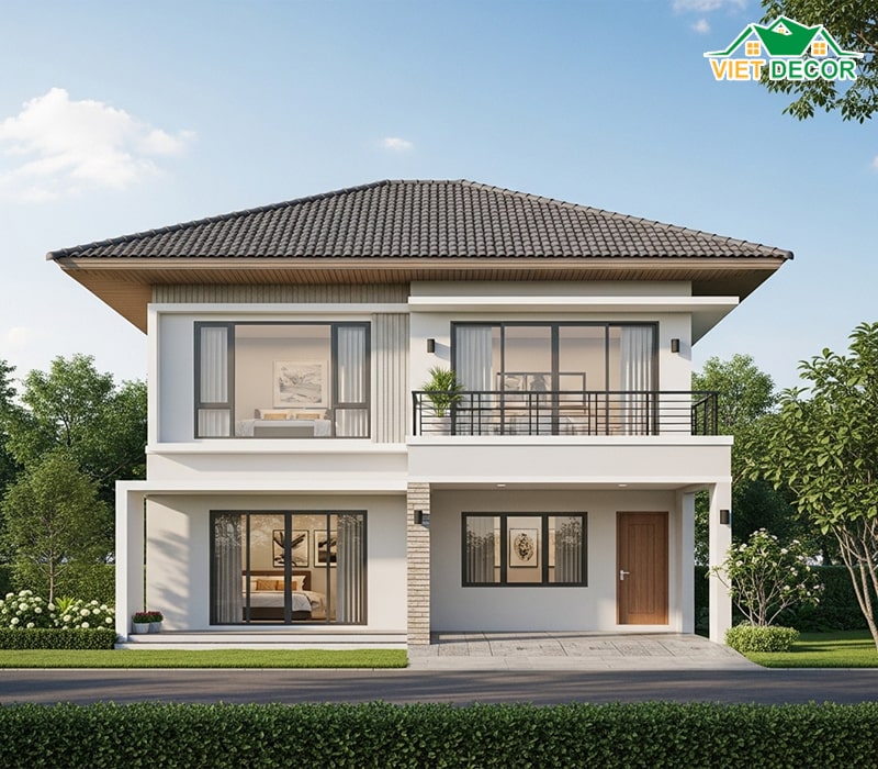 Hình ảnh mẫu nhà 2 tầng 4 phòng ngủ có gác lửng