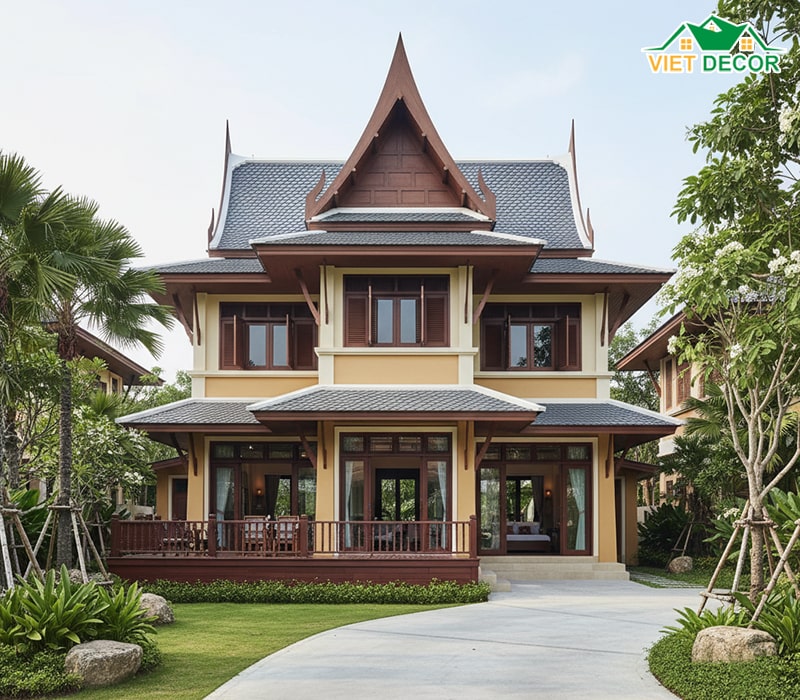 Mẫu nhà 2 tầng 5 phòng ngủ 150m2 mái Thái sang trọng