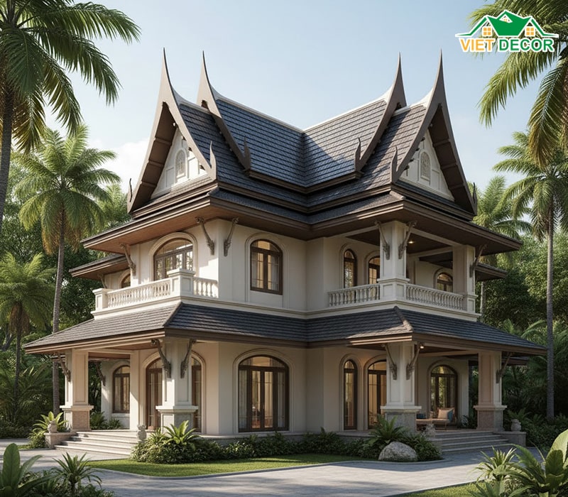 Mẫu nhà 2 tầng 5 phòng ngủ 200m2 mái Thái