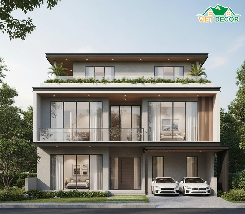 Thiết kế nhà 2 tầng 5 phòng ngủ 200m2 hiện đại (mái bằng)
