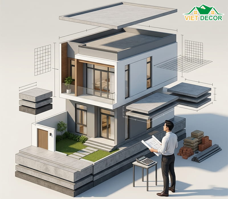 Dự toán chi phí xây dựng nhà 2 tầng 80m2 4 phòng ngủ