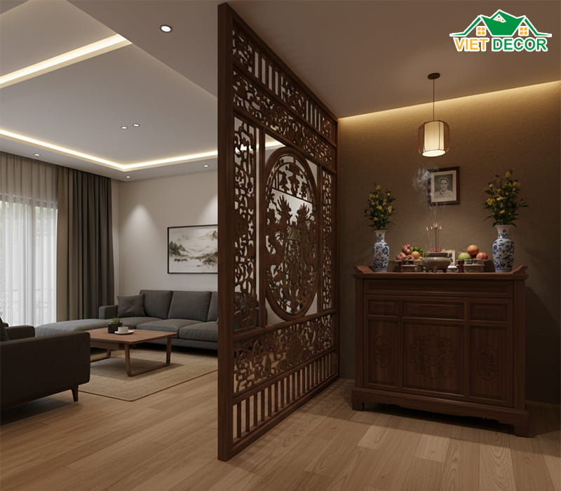Gia chủ muốn kết hợp phòng thờ với phòng khách (không gian mở)